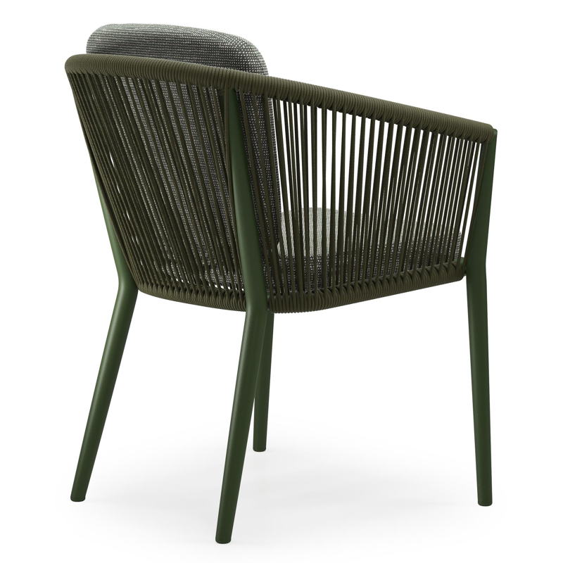 Orso tuinstoel in groen aluminium en groen verticaal geweven ronde rope met zitkussen in All Weather Sunbrella® Luxe Slow Fern