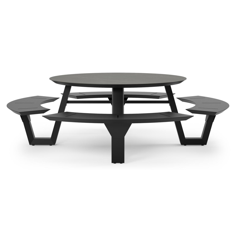 Rondino picknicktafel in zwart aluminium en volkeramiek calatorao tafelblad - Ø 236 x H 71,5 cm
