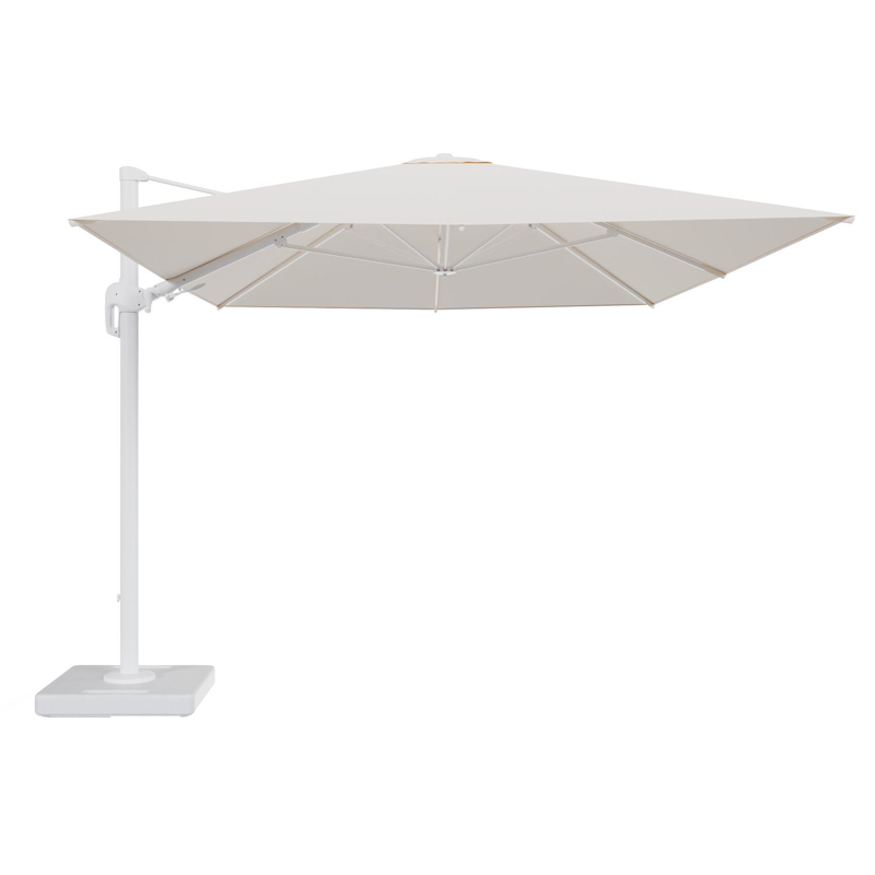 Rufina zweefparasol tiltfunctie in wit aluminium en parasoldoek in All Weather Sunbrella® Luxe Natte Linen Chalk - L1 400 x L2 300 cm met parasolvoet Lapido 160 kg