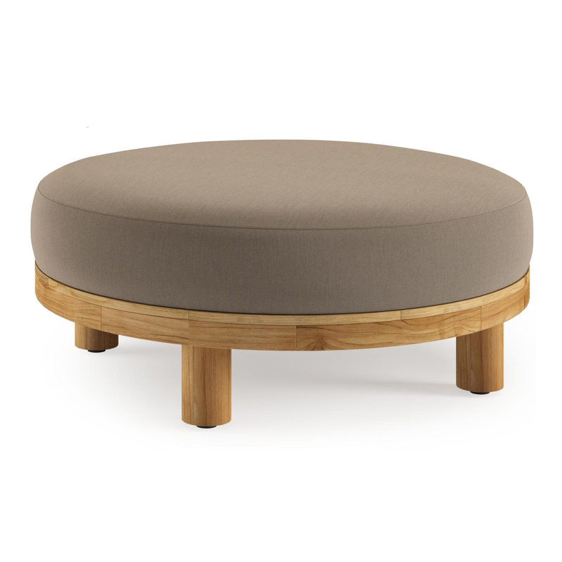 Donato lounge poef in teak en beige verticaal geweven ronde rope met all weather sunbrella® luxe Natte Heather Grey kussen
