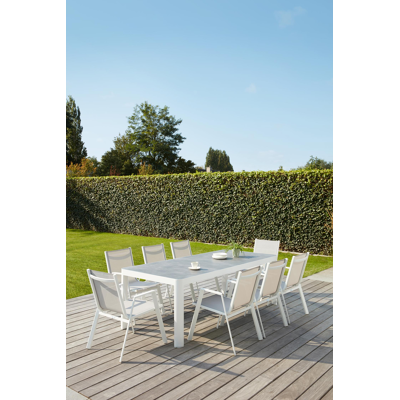 Ellara tuinset in wit aluminium en grijs keramische print tafelblad met 8 stapelbare Oviedo tuinstoelen