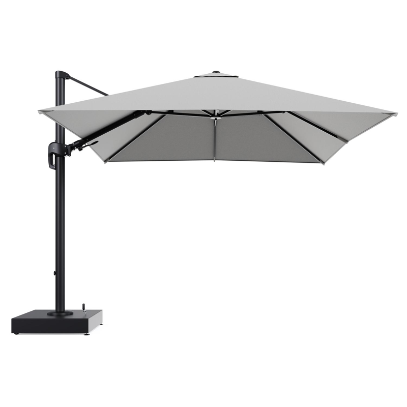 Rufina zweefparasol met tiltfunctie in zwart aluminium en Savane Nimbus All Weather Sunbrella® Luxe parasoldoek - L1 300 x L2 300 cm met parasolvoet Minore 150 kg met wielen