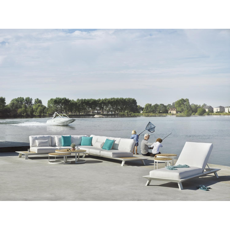 Enna loungetafels in wit aluminium en naturel teak - Tafel 1 Dia. 70 x H 30 cm Tafel 2 Dia.100 x H 37 cm