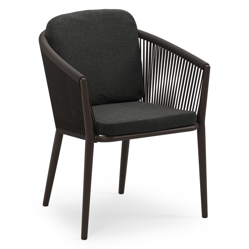 Chaise de jardin empilable Orso en aluminium brun foncé et corde ronde tissée verticalement brun foncé avec coussin en All Weather Sunbrella® Luxe Chartres Sooty