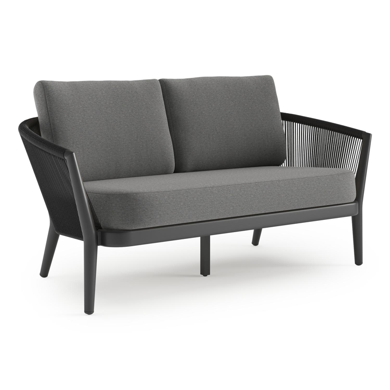 Orso loungebank in zwart aluminium en zwart verticaal geweven ronde rope met Heritage Slate all weather sunbrella® luxe kussen