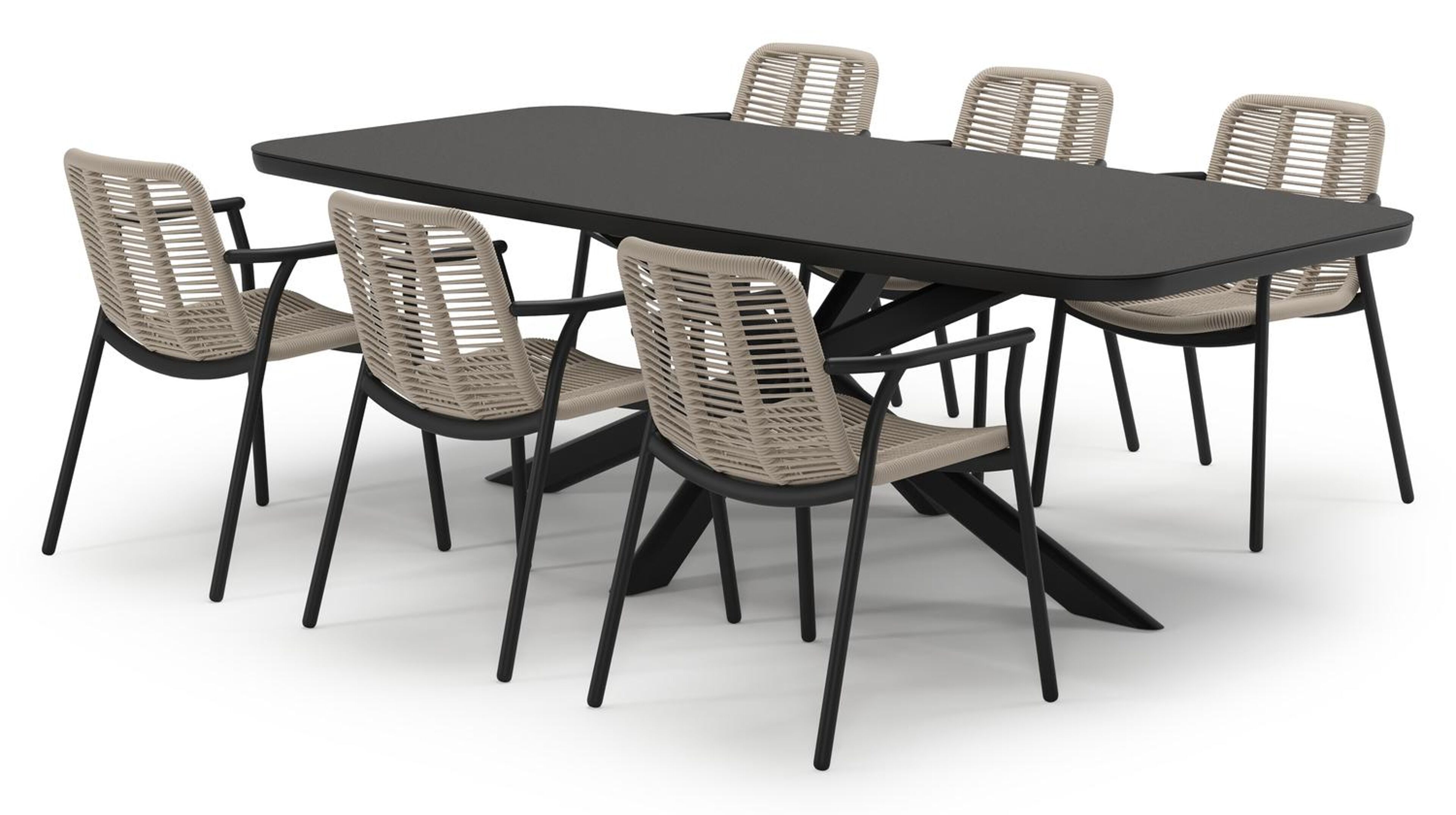 Pamplona tuinset in zwart aluminium en notte minerale sintered stone met 6 stapelbare Berga tuinstoelen