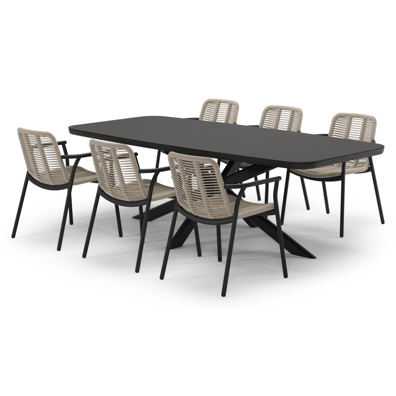Pamplona tuinset in zwart aluminium en notte minerale sintered stone met 6 stapelbare Berga tuinstoelen