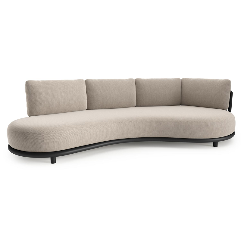 Lomano loungebank in zwart aluminium en zwart verticaal geweven luxe vlakke rope met lopi fossil all weather sunbrella® luxe kussen