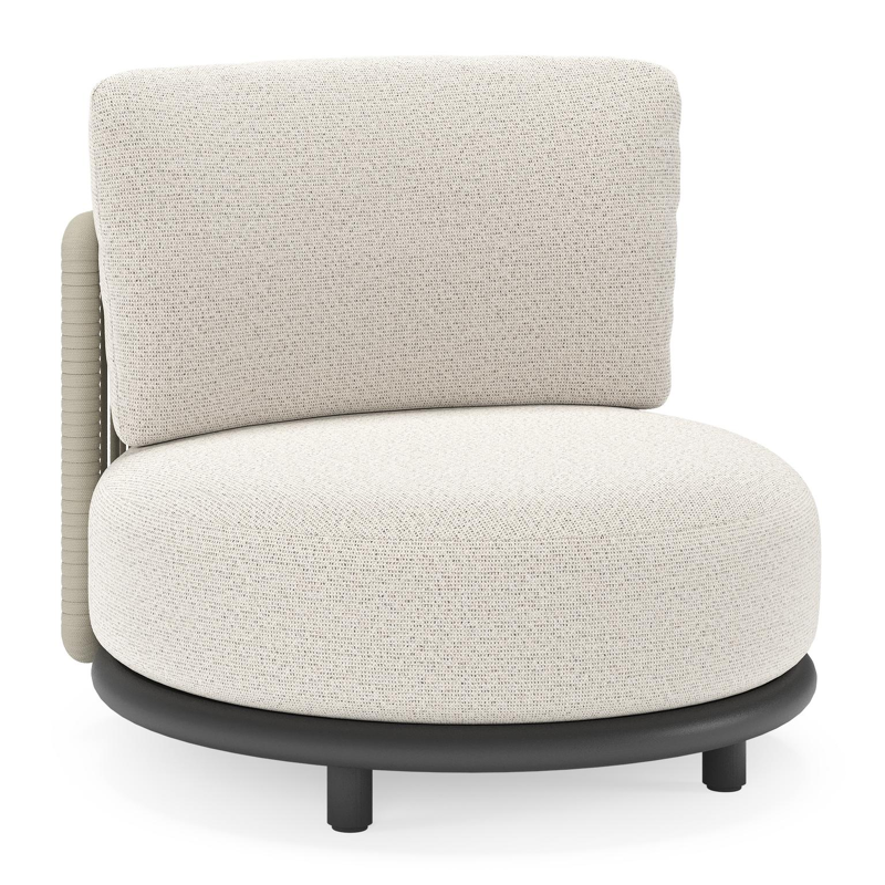 Fauteuil de jardin Lomano en aluminium noir et corde luxe plate tissée verticalement beige et coussins en all weather solica Firenze Natural