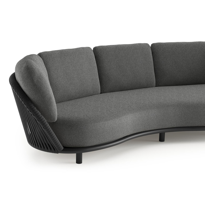 Lupino loungeset in zwart aluminium en zwart verticaal geweven luxe vlakke brede rope met catania black all weather cosytica kussen