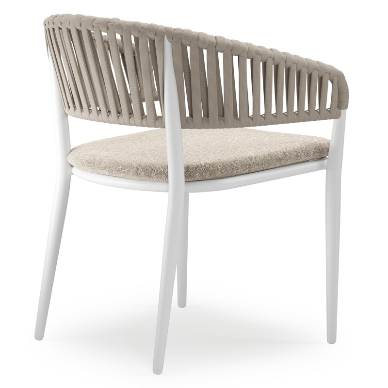 Tolfa stapelbare tuinstoel in wit aluminium en beige verticaal geweven luxe vlakke brede rope met stoelkussen in All Weather Sunbrella® Luxe Chartres Pewter