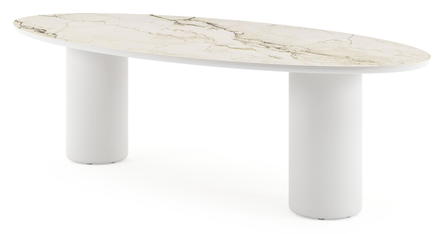 Table de jardin Amico oval en aluminium blanc et céramique pleine Colorado Dunes - Lg. 260 x Lrg. 125 x Haut. 73.5 cm