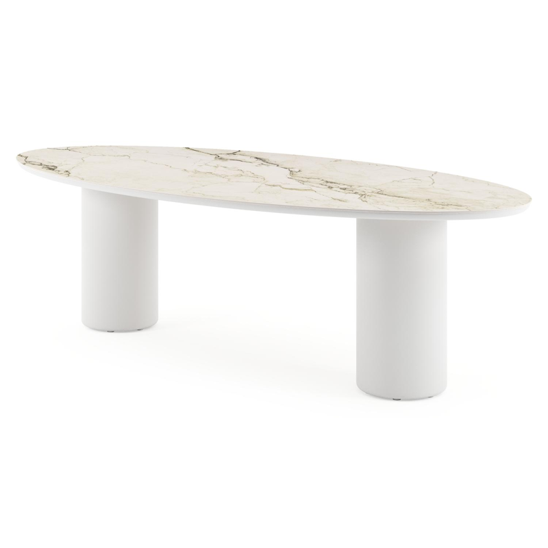 Table de jardin Amico oval en aluminium blanc et céramique pleine Colorado Dunes - Lg. 260 x Lrg. 125 x Haut. 73.5 cm