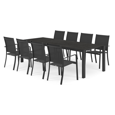 Trente tuinset in zwart aluminium en zwart volkeramiek tafelblad met 8 stapelbare Calobra tuinstoelen
