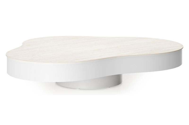 Table de basse Lomano cloud en aluminium blanc et céramique pleine Travertino Bianco - Lg. 131 x Lrg. 108 x Haut. 25 cm