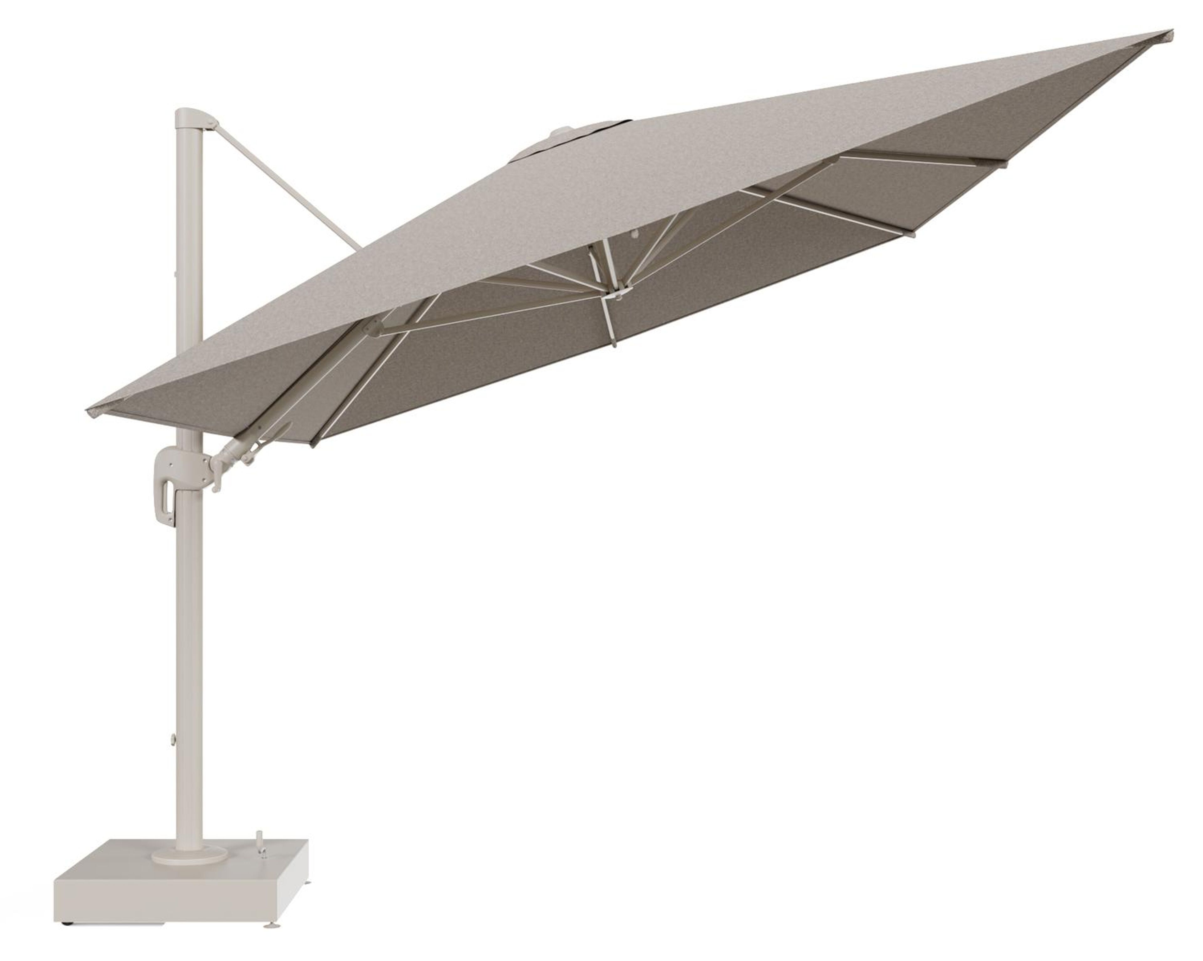 Rufina zweefparasol met tiltfunctie in beige aluminium en Chartres Pewter All Weather Sunbrella® Luxe parasoldoek - L1 400 x L2 300 cm met parasolvoet Minore 150 kg met wielen