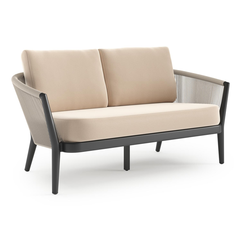 Orso loungebank in zwart aluminium en beige verticaal geweven ronde rope met Natte Linen Chalk all weather sunbrella® luxe kussen