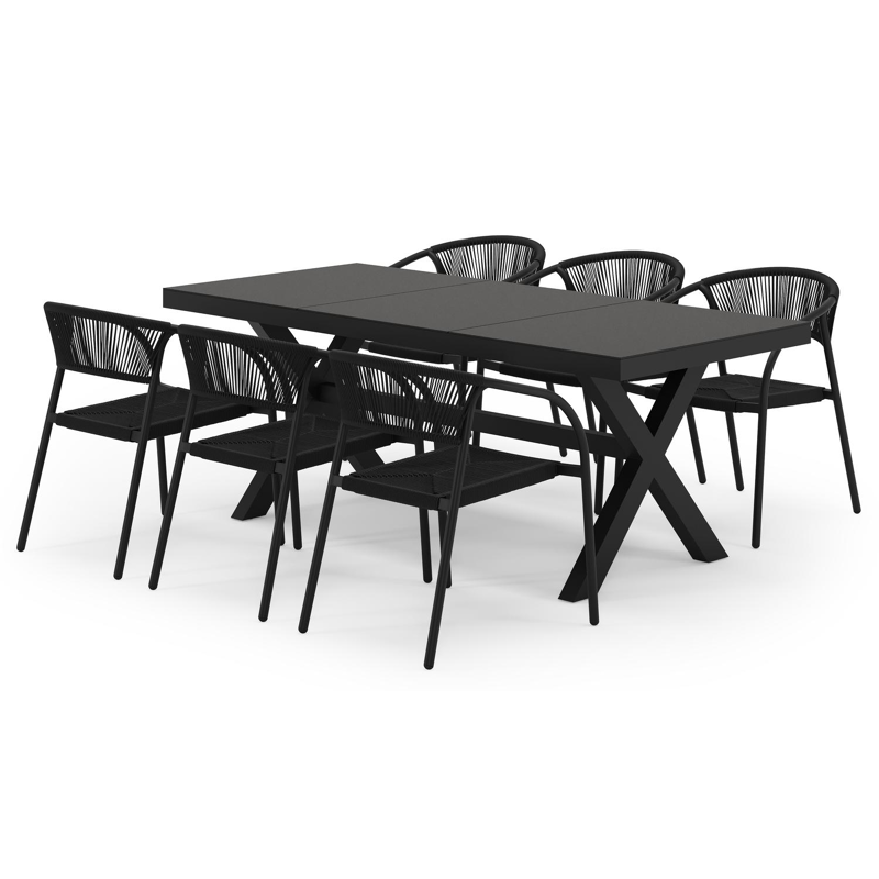 Ensemble de jardin Bahia en aluminium noir et sintered stone noir avec 6 chaises de jardin empilable Melo