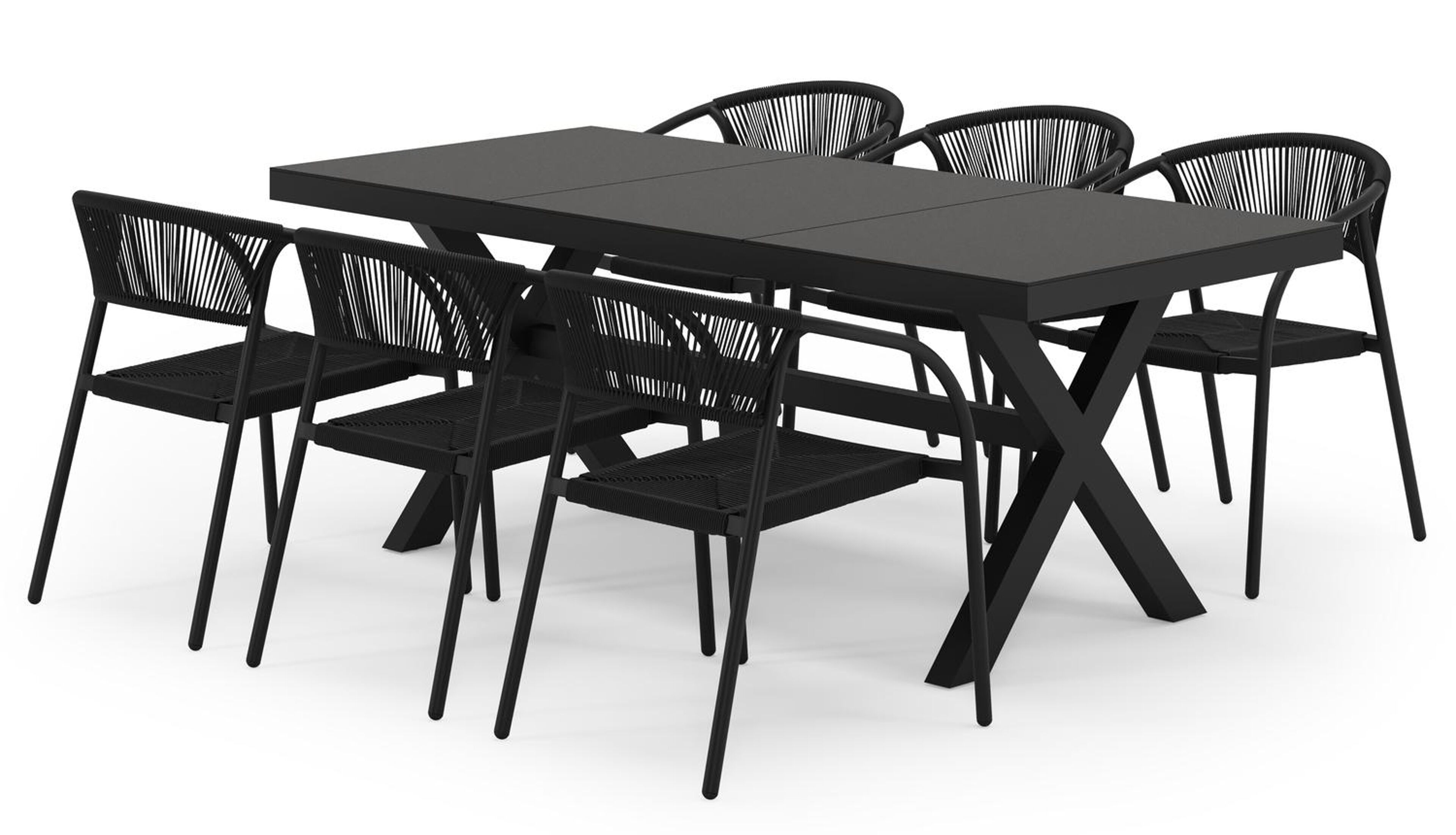 Ensemble de jardin Bahia en aluminium noir et sintered stone noir avec 6 chaises de jardin empilable Melo