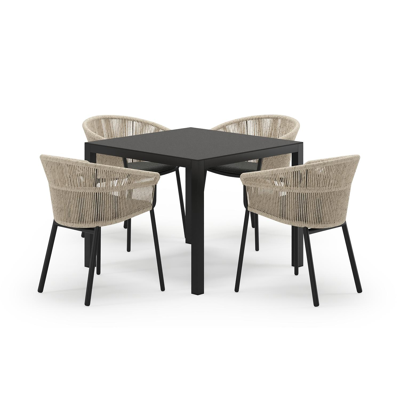 Feltro vierkante tuinset in zwart aluminium en sintered stone notte minerale met 4 Matera tuinstoelen