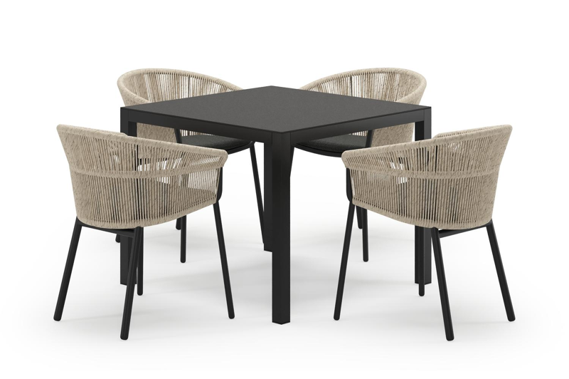 Feltro vierkante tuinset in zwart aluminium en sintered stone notte minerale met 4 Matera tuinstoelen