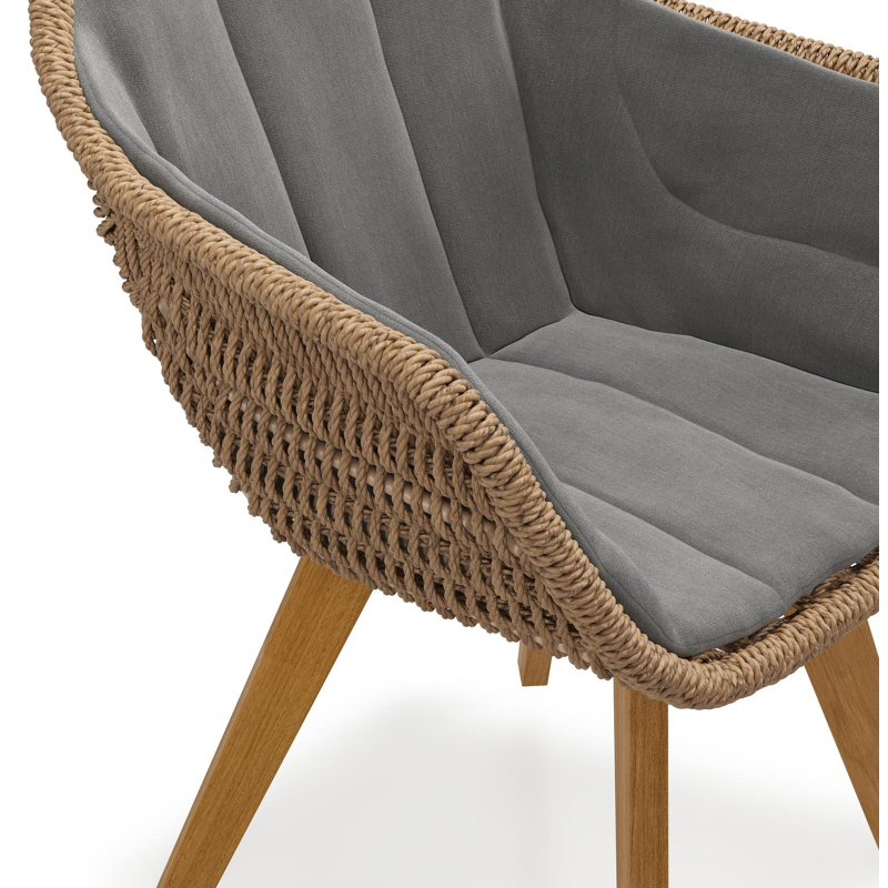 Pagino tuinstoel in teak en bruin ronde wicker met zitkussen in All Weather Sunbrella® Luxe Natte Charcoal Chine
