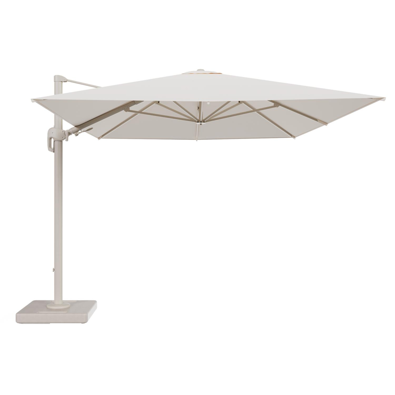Rufina zweefparasol tiltfunctie in beige aluminium en parasoldoek in All Weather Sunbrella® Luxe Natte Linen Chalk - L1 400 x L2 300 cm met parasolvoet Lapido 160 kg