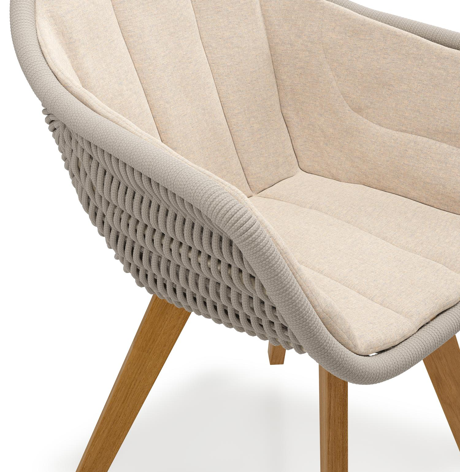 Chaise de jardin Pagino en teck et résine tressée ronde beige avec coussin en heritage papyrus all weather sunbrella® luxe