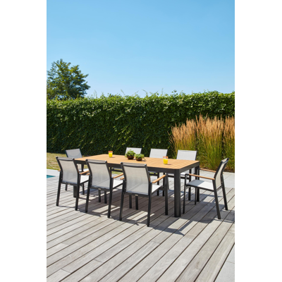 Ellara tuinset in zwart aluminium en naturel polywood tafelblad met 8 stapelbare Bahia tuinstoelen
