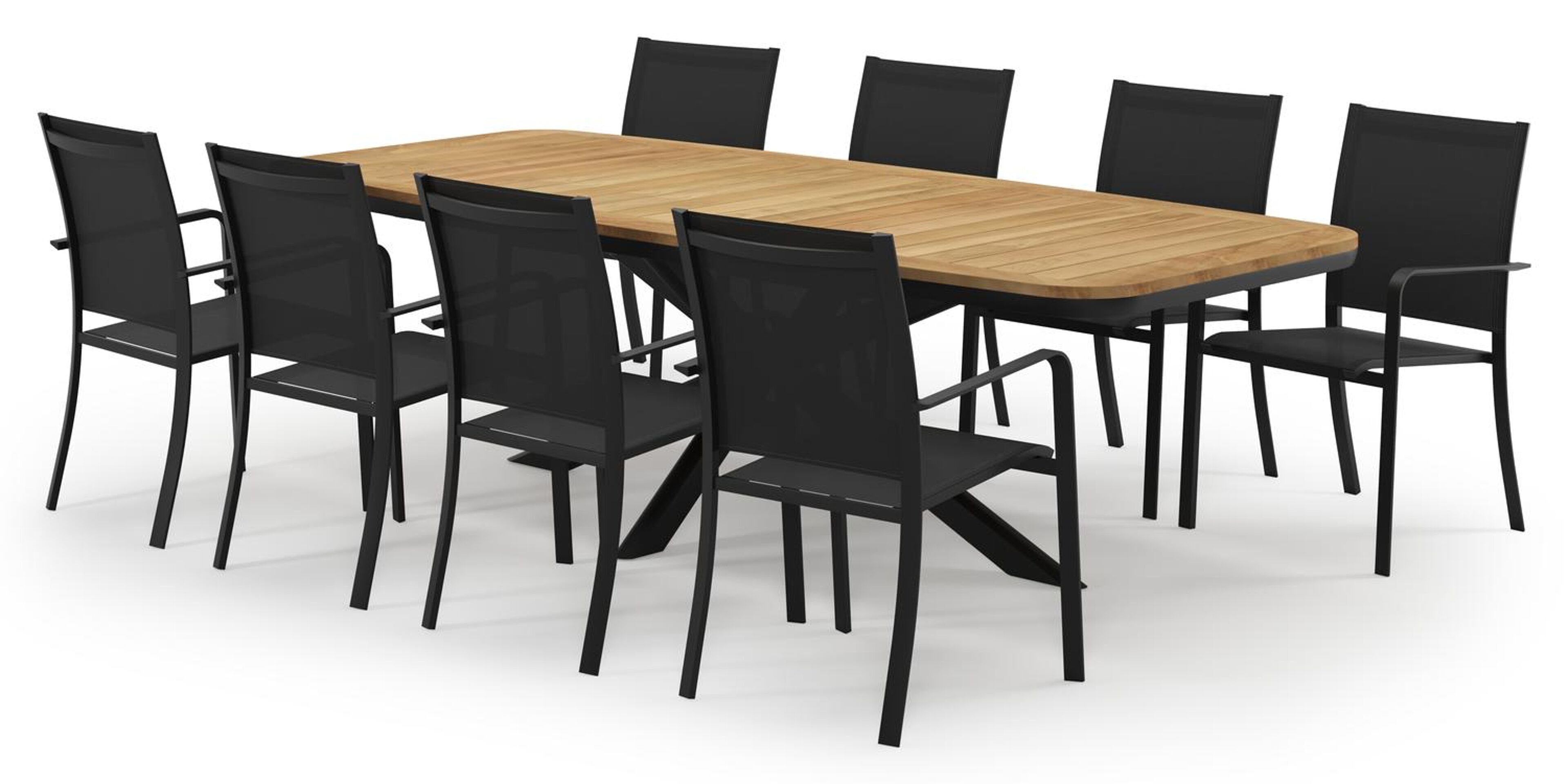 Pamplona bootvormige tuinset in zwart aluminium en teak natural finish met 8 Calobra tuinstoelen