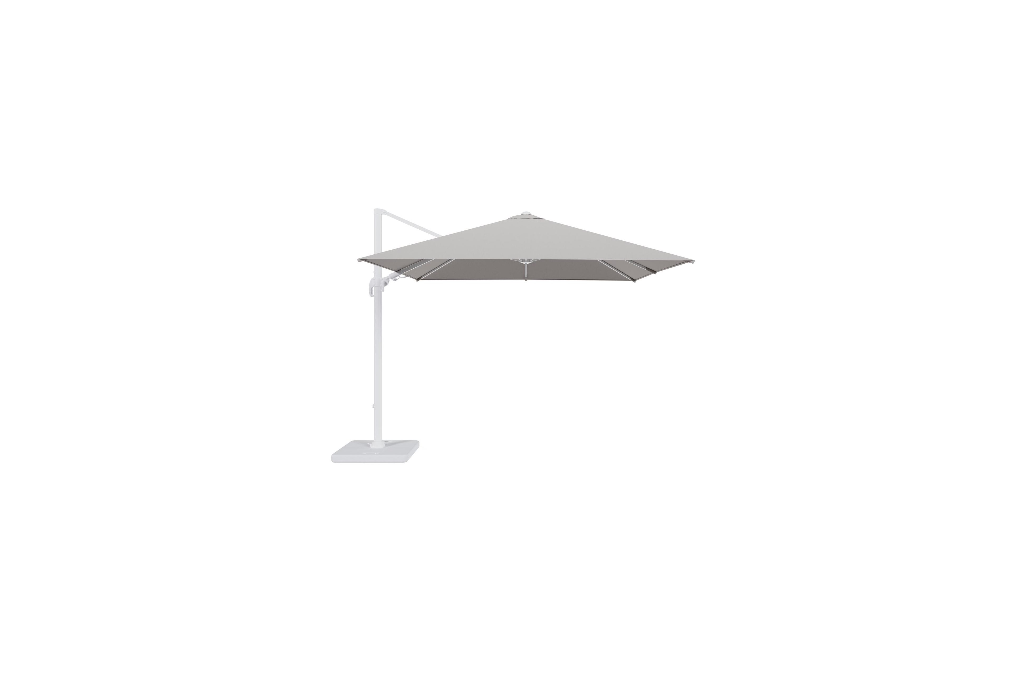 Avola zweefparasol met tiltfunctie in wit aluminium en Natte Graumel Chalk Sunbrella® Premium parasoldoek - L1 300 x L2 300 cm met parasolvoet Pedito 120 kg
