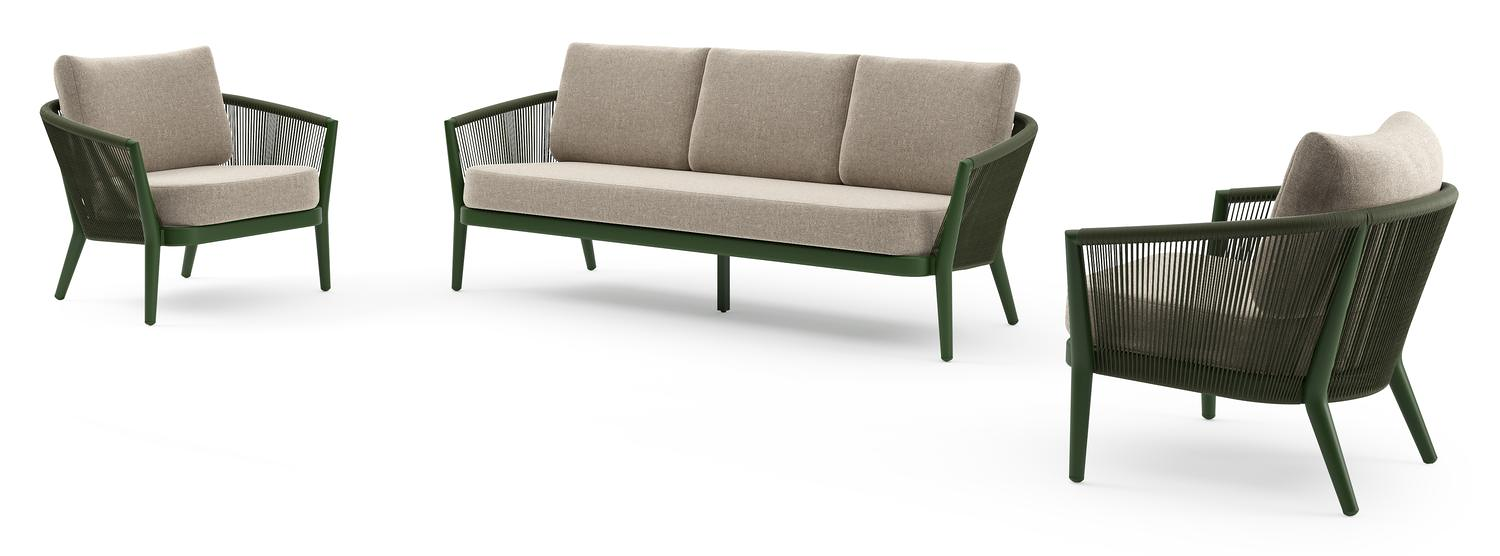 Orso loungeset in groen aluminium en groen verticaal geweven ronde rope met Chartres Pewter all weather sunbrella® luxe kussen