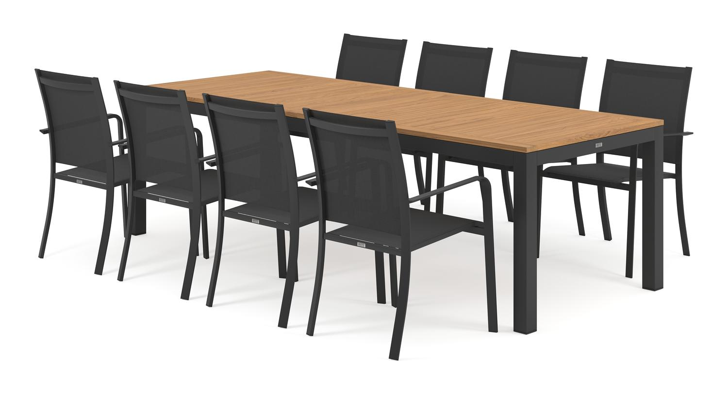 Varese tuinset in zwart aluminium en naturel teak tafelblad met 8 stapelbare Calobra tuinstoelen