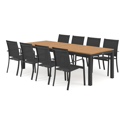 Ensemble de jardin Varese en aluminium noir avec plateau de table en teck naturel et 8 chaises de jardin empilables Calobra