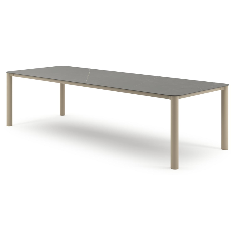Table de jardin Orso rectangulaire arrondi en aluminium beige et céramique pleine Calatorao - Lg. 290 x Lrg. 110 x Haut. 74.5 cm