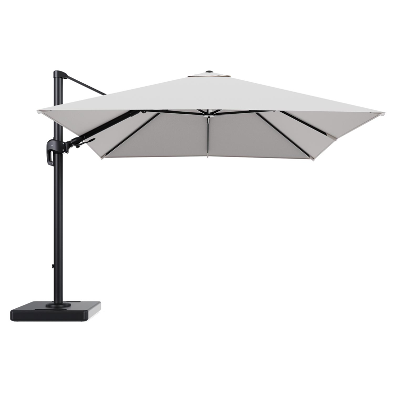 Parasol pendant Rufina avec fonction tilt en aluminium noir et toile de parasol en All Weather Solica Ego Eggshell - Lg.1 300 x Lg.2 300 cm avec pied de parasol Lapido 160 kg