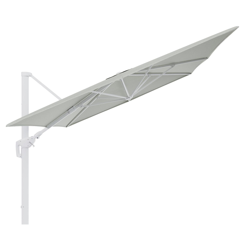 Minore zweefparasol tiltfunctie in wit aluminium en parasoldoek in All Weather Sunbrella® Luxe Slow Spirea  - L1 400 x L2 300 cm (zonder voet)