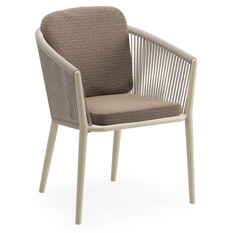 Orso tuinstoel in beige aluminium en beige verticaal geweven ronde rope met luxe zitkussen in All Weather Solica Firenze Bamboe