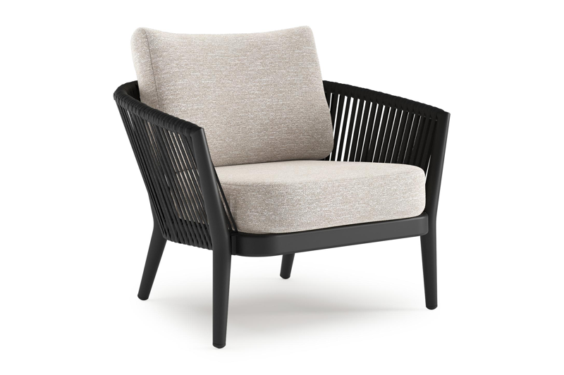 Orso loungestoel in zwart aluminium en zwart verticaal geweven ronde rope met Tundra Sand all weather sunbrella® luxe kussen