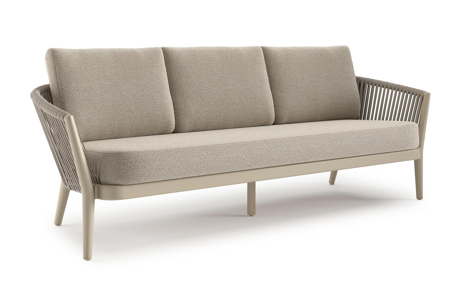 Canapé de jardin Orso en aluminium beige en corde luxe plate tissée verticalement beige et coussins en all weather cosytica Catania Greige