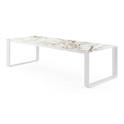 Table de jardin Atessa en aluminium blanc et céramique pleine calacatta luxe - Lg 280 x Larg. 110 x H 74,5 cm