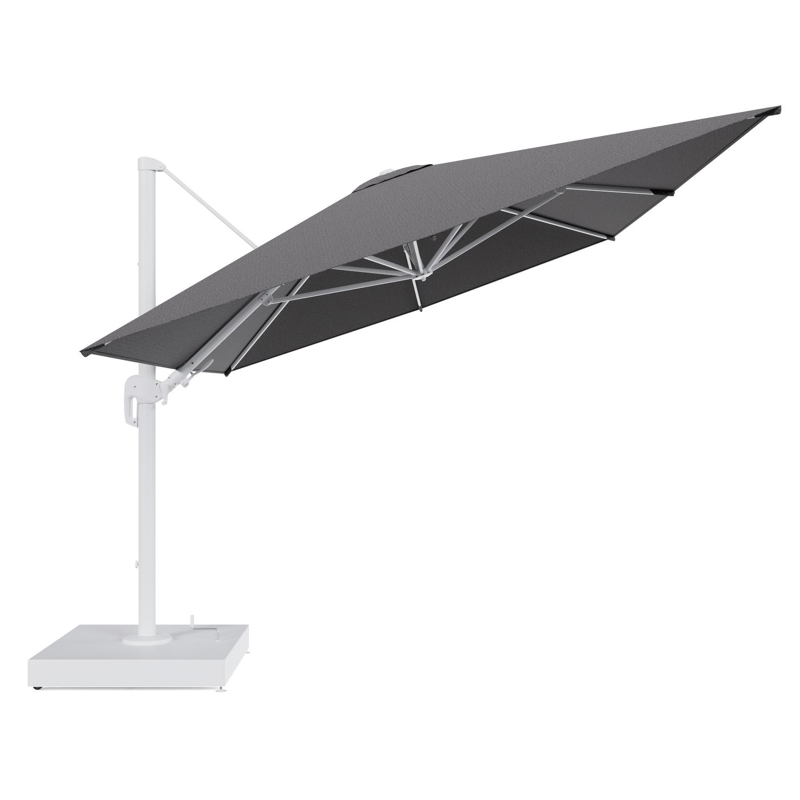 Rufina zweefparasol met tiltfunctie in wit aluminium en Firenze Tunder All Weather Solica parasoldoek - L1 400 x L2 300 cm met parasolvoet Minore 260 kg met wielen