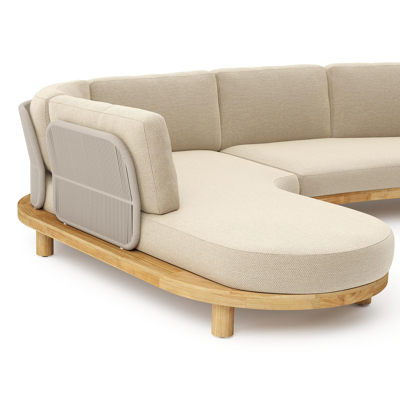 Donato loungehoek in teak en beige verticaal geweven ronde rope met all weather cosytica Althea Camel kussen