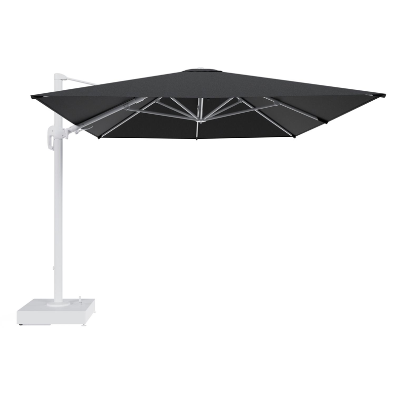 Rufina zweefparasol met tiltfunctie in wit aluminium en Chartres Sooty All Weather Sunbrella® Luxe parasoldoek - L1 400 x L2 300 cm met parasolvoet Minore 150 kg met wielen