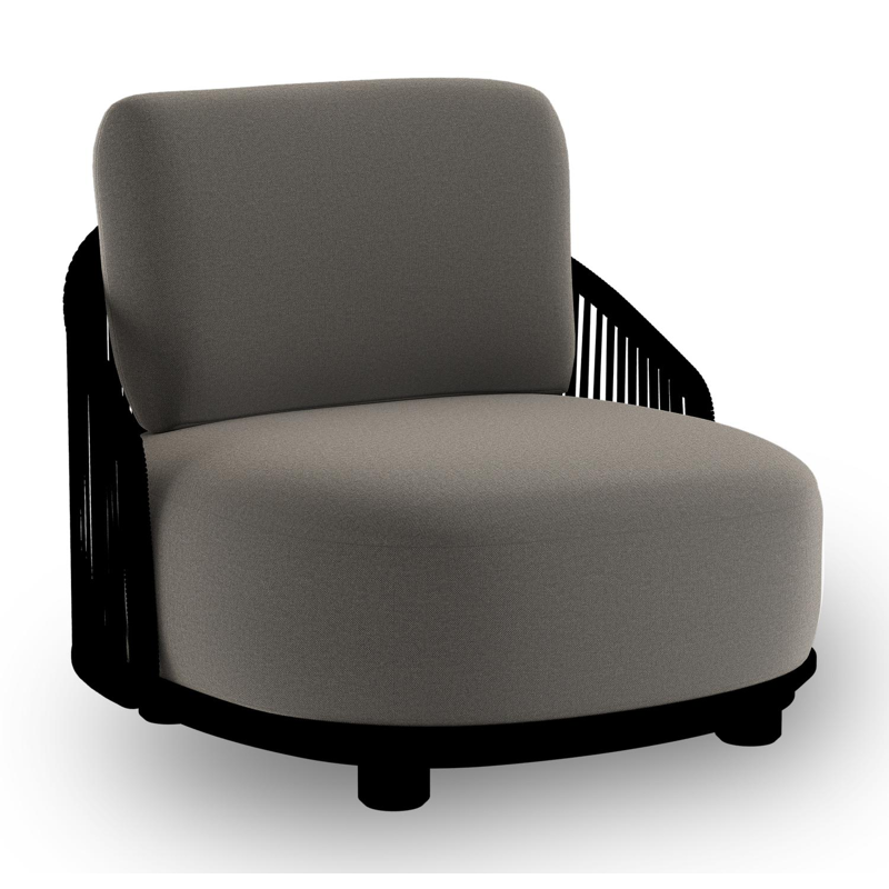 Vadelo loungestoel in zwart aluminium en zwart verticaal geweven ronde rope met natte dark taupe all weather sunbrella® luxe kussen