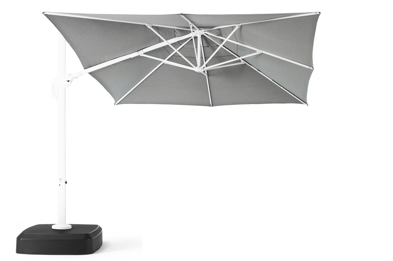 Minore zweefparasol met tiltfunctie in wit aluminium met natte charcoal chine all weather sunbrella® luxe parasoldoek - L1 x L2 350 cm (met voet)