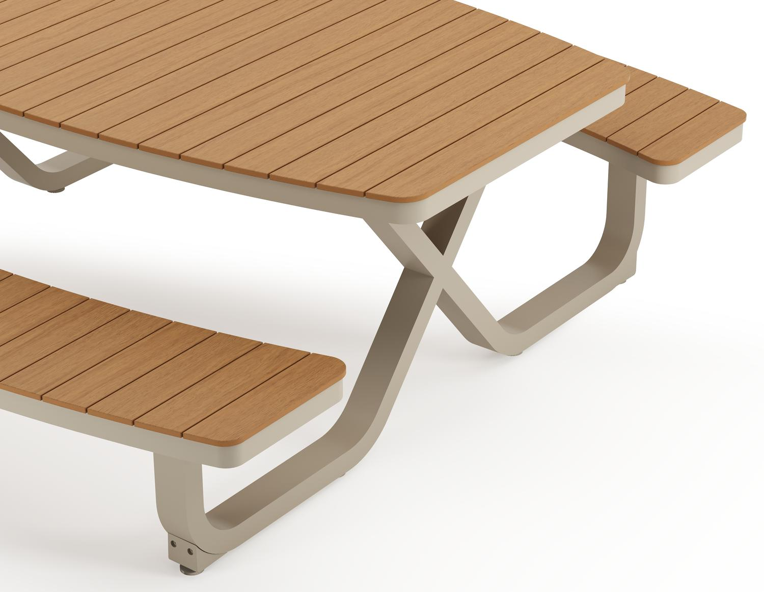 Alora picknicktafel in beige aluminium en polywood - L 200 x B 216 x H 73,5 cm
