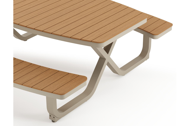 Alora picknicktafel in beige aluminium en polywood - L 200 x B 216 x H 73,5 cm