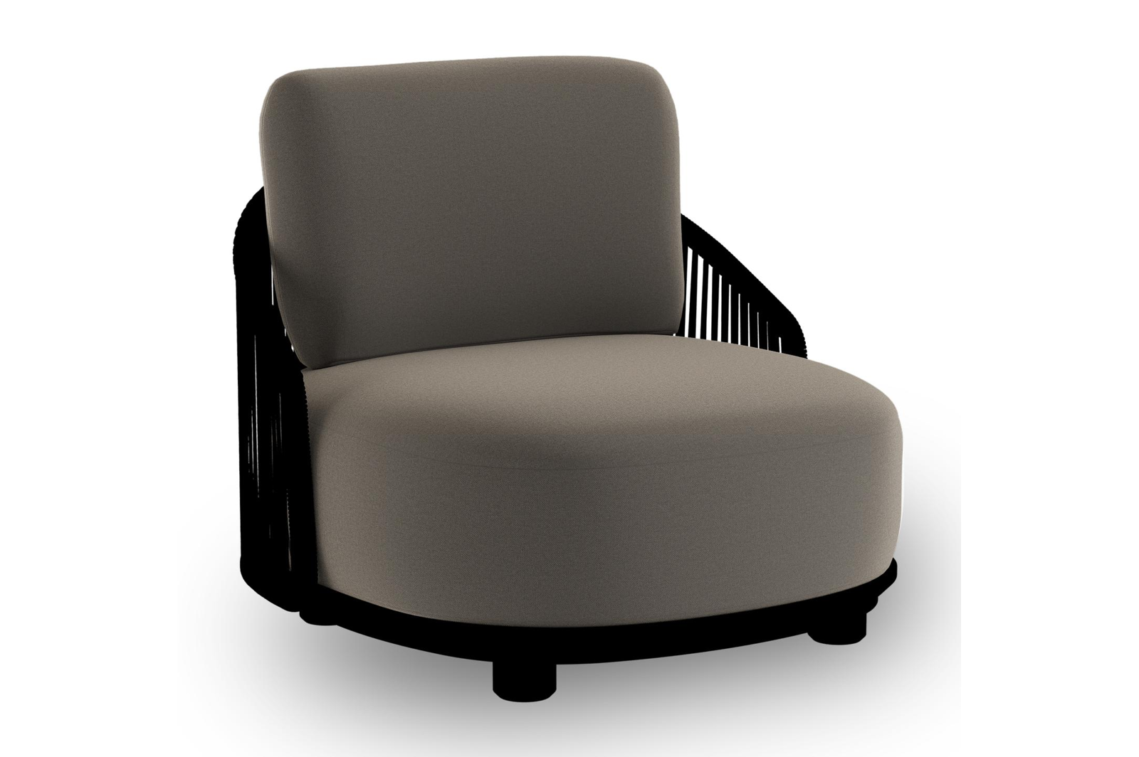 Fauteuil de jardin Vadelo en aluminium noir et corde ronde tissée verticalement noir et coussins en all weather sunbrella® luxe natte carbon beige