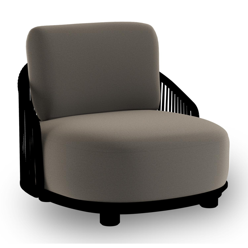 Fauteuil de jardin Vadelo en aluminium noir et corde ronde tissée verticalement noir et coussins en all weather sunbrella® luxe natte carbon beige